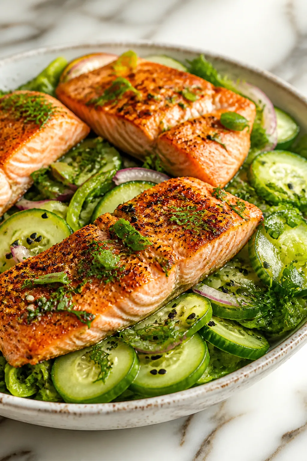 Fresh Air-Fried Salmon Salad with Crisp Cucumbers and Zesty Dressing