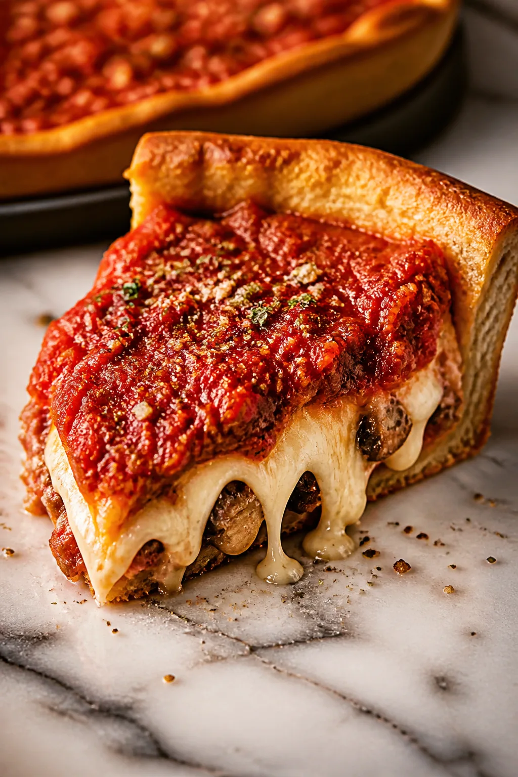 Classic Deep Dish Pizza with Buttery Crust and Chunky Tomato Sauce